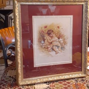 Cherub picture gold wood frame
